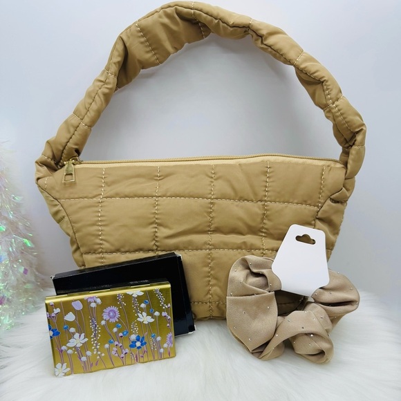 Puffer Quilted Nylon Material Hand Bag in tan with card case wallet Bundle - Picture 9 of 10